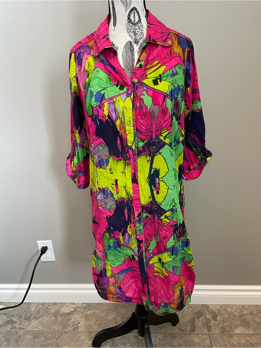 Desigual Neon Floral Button-Down Tunic in Pink, Green & Navy